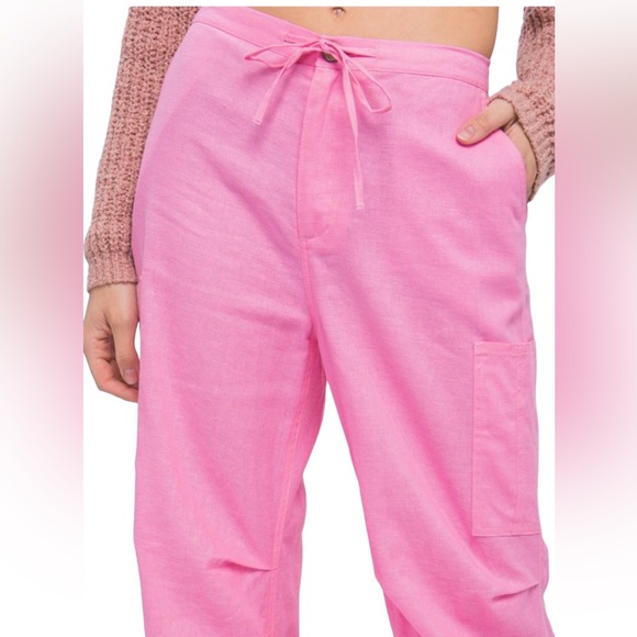 Love Tree Pink Linen blend Cargo Tie front Pants - Picture 2 of 10